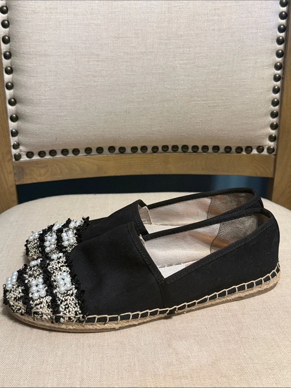 Circus by Sam Edelman Black and Cream Tweed Embellished Espadrille Flats Size 9